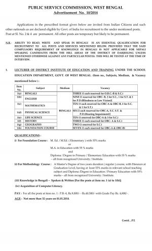 West Bengal PSC Notified Recruitment for 100 Various Posts 2014