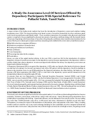 IJF-July10-Article5-A Study on Awareness Level of Services Offered By Depository Participants with Special Reference To Pollachi Taluk,Tamil Nadu