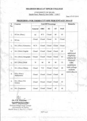 Shaheed Bhagat Singh college (Day) Third Cut-off