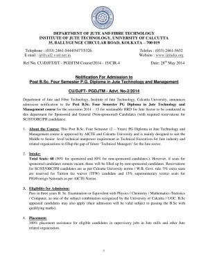 Institute Of Jute Technology, University of Calcutta Notified Admission to PG Diploma Course 2014