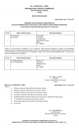 Mizoram Public Service Commission Announced Final Result for Medical Record Technician Post