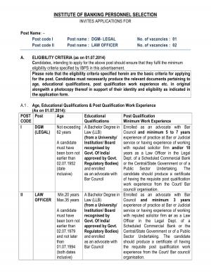 IBPS Notified Recruitment for DGM (Legal) & Law Officer Posts 2014