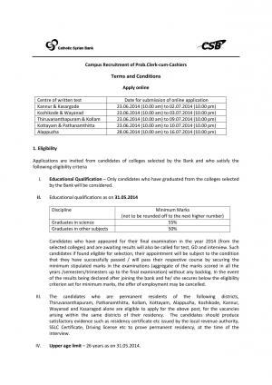 Catholic Syrian Bank Notified Campus Recruitment for Probationary Clerk-cum-Cashier Posts 2014
