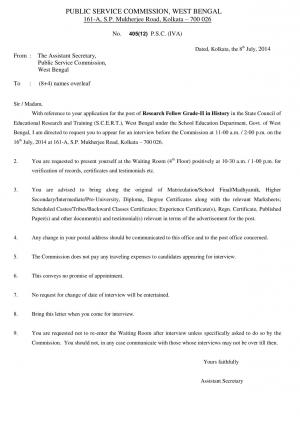West Bengal PSC Announced Interview Schedule for Research Fellow (History) Grade-II Posts