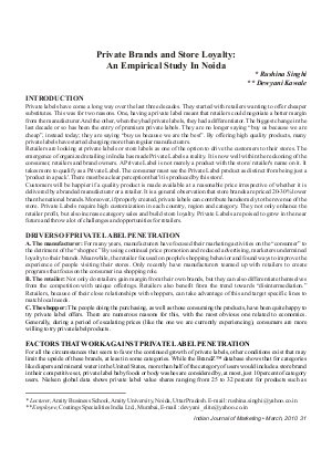 IJM-March10-Article4-Private Brands and Store Loyalty : An Empirical Study In Noida