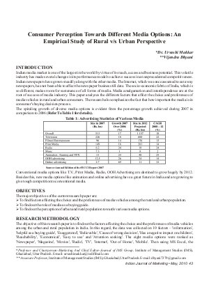 IJM-May10-Article5-Consumer Perception Towards Different Media Options:An Empirical Study of Rural v/s Urban Perspective