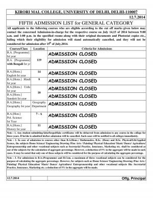 Kirorimal college Fifth Cut off 2014