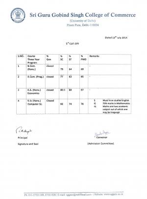 Sri Guru Gobind Singh college of Commerce Fifth Cut off 2014