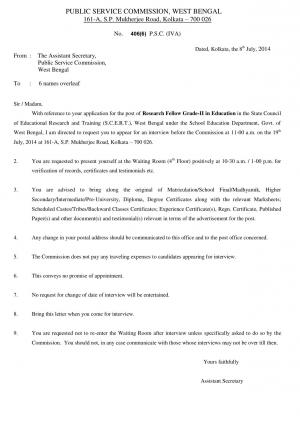 West Bengal PSC Issued Interview Schedule for Research Fellow Grade – II Post