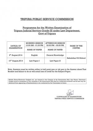 TPSC Announced Exam Date for Tripura Judicial Services Grade III Examination Program