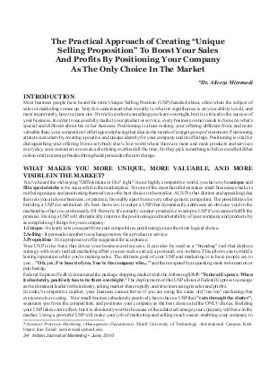 IJM-June10-Article4-The Practical Approach of Creating Unique Selling Proposition To Boost Your Sales And Profits By Positioning Your Company As The Only Choice In The Market