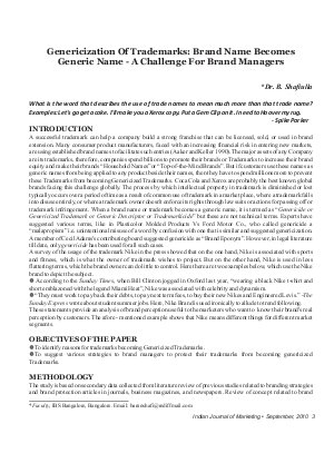 IJM-Sep10-Article1-Genericization of Trademarks : Brand Name Becomes Generic Name - A Challenge For Brand Managers
