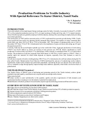 IJM-Sep10-Article6-Production Problems In Textile Industry With Special Reference To Karur District, Tamil Nadu