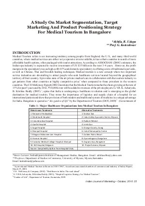 IJM-Oct10-Article4-A Study On Market Segmentation, Target Marketing And Product Positioning Strategy For Medical Tourism In Bangalore