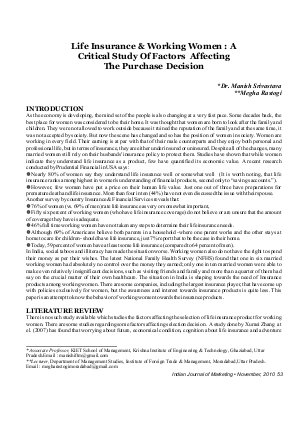 IJM-Nov10-Article8-Life Insurance and Working Women : A Critical Study of Factors Affecting The Purchase Decision