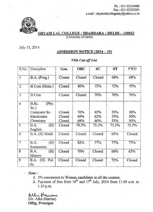 Shyam Lal college Sixth Cut off 2014