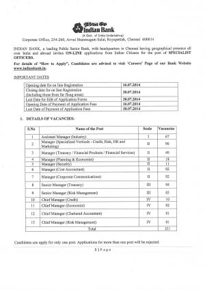 Indian Bank Notified recruitment for 251 Specialist Officer Post 2014