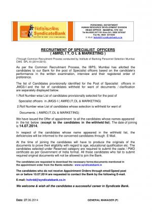 Syndicate Bank Declared Joining Date for the Posts of Specialist Officers