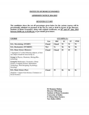 Institute of Home Economics Seventh Cut off 2014
