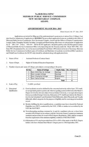 Mizoram PSC Notified Recruitment for 12 Various Posts 2014 (2)