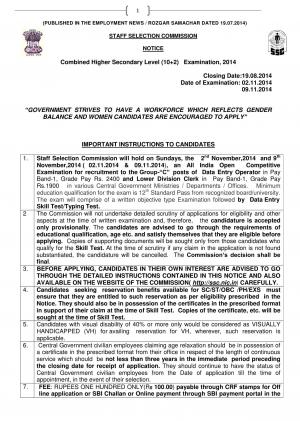 SSC Combined Higher Secondary Level (10+2) Exam 2014: Notification