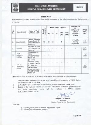 Manipur PSC Notified Recruitment for 52 Various Posts 2014 