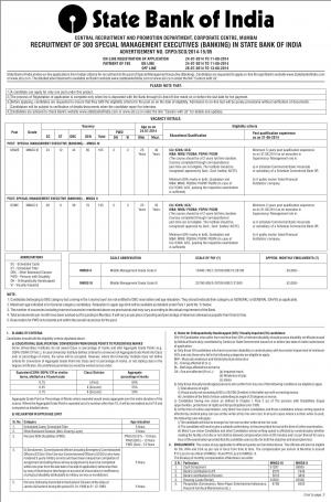 SBI Notified Recruitment for 300 Special Management Executives (Banking) Posts 2014