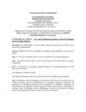 Staff Selection Commission Notified Recruitment to 02 Post of Zoological Assistant 2014
