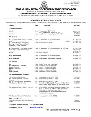 Osmania University, Hyderabad Notified Admission for P.G. Diploma in Bio-informatics 2014