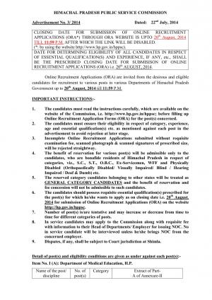 Himachal Pradesh PSC Notified Recruitment for 182 Various Posts 2014