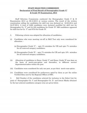 SSC Stenographer Grade ‘C’ and ‘D’ Examination 2013: Final Result