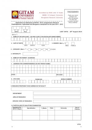 GITAM University Notified Admission for M.Phill Ph.D 2014