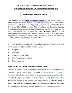 West Bengal Civil Service (Exe.) etc. (Preliminary) Examination 2014: Admit Card