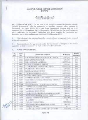 Manipur Public Service Commission Declared Final Result for Assistant Engineer Posts