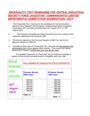 UPSC CISF ACs Limited Departmental Competitive Exam 2014 Personality Test Programme