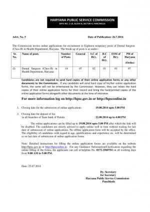Haryana PSC Notified Recruitment for 18 Dental Surgeon Posts 2014