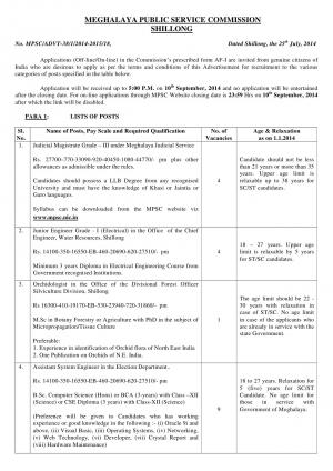 Meghalaya PSC Notified Recruitment for 18 Various Posts 2014