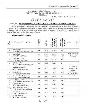 Tripura PSC Declared Final Result for Junior Engineer Post