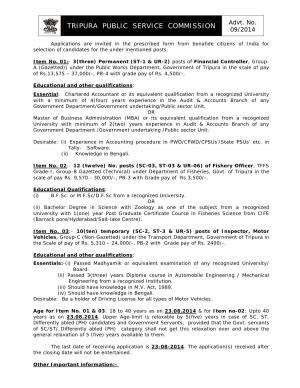 Tripura PSC Notified Recruitment for 25 Various Posts 2014