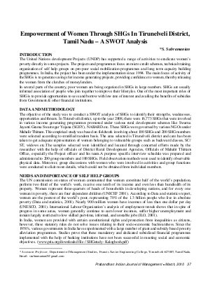 PIJM-March10-Article5-Empowerment of Women Through SHGs In Tirunelveli District,Tamil Nadu - A SWOT Analysis