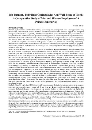 PIJM-April10-Article7-Job Burnout,Individual Coping Styles and Well -Being at Work : A Comparative Study of Men and Women Employees of A Private Enterprise