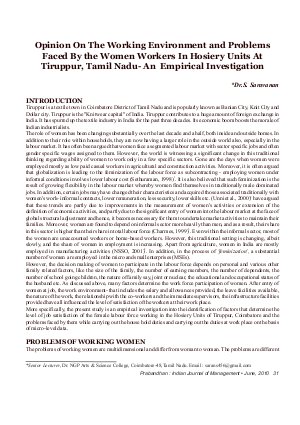 PIJM-June10-Article5-Opinion On The Working Environment And Problems Faced By The Women Workers In Hosiery Units At Tiruppur,Tamil Nadu - An Empirical Investigation