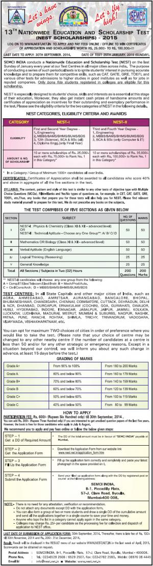 13th NEST-Nationwide Education and Scholarship Test 2015