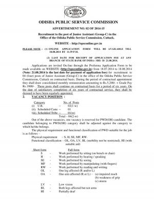 Odisha PSC Notified Recruitment for 04 Posts of Junior Assistant 2014
