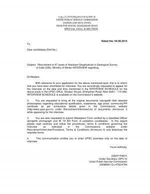 UPSC Released Interview Schedule for 67 posts of Assistant Geophysicist