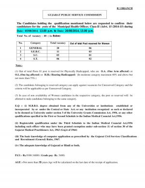 Gujarat PSC Notified Recruitment for Municipal Health Officer 2014