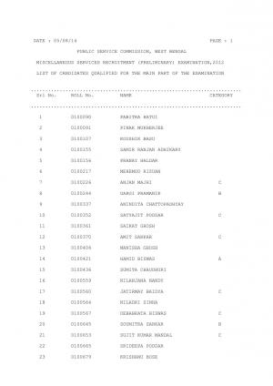 WBPSC Declared Result of Miscellaneous Services Recruitment (Prelim) Exam 2012