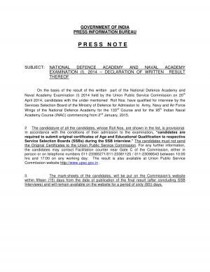 UPSC Declared Written Result of NDA & NA Examination (I) 2014 