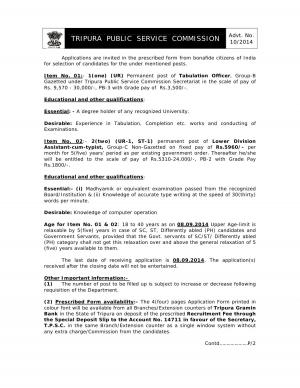 Tripura PSC Notified Recruitment for Tabulation Officer & Lower Division Assistant Posts 2014