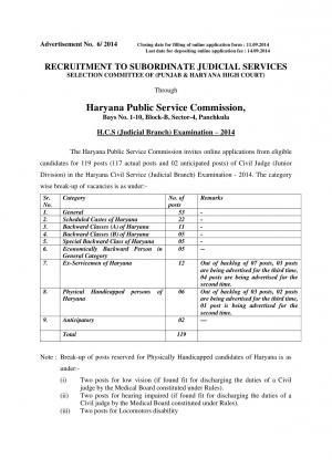 Haryana PSC Notified for Haryana Civil Service (Judicial Branch) Examination 2014